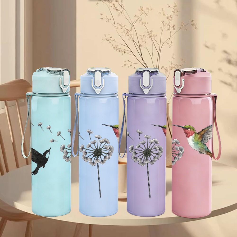 1PC Dandelion Hummingbird Silhouette 750ml Color Plastic Sports Water Bottle Leakproof Flip Straw Lid Suitable for Sports Office Home Use