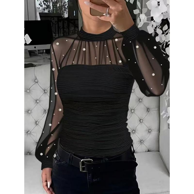 Grenzüberschreitende Neue Frühjahrs- und Herbst-Perlennetz-Spleiß-Langarmtops und Unterhemden für Damen