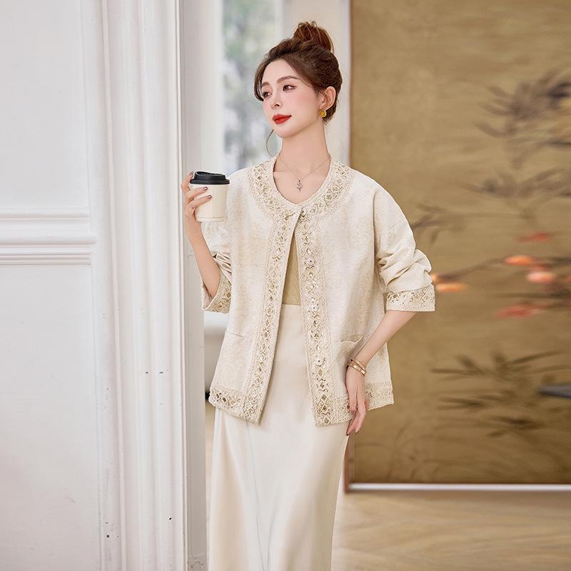 Women's 2025 Spring/Autumn Embroidered Jacquard Lace Round Neck Jacket YL717 - New Chinese Style