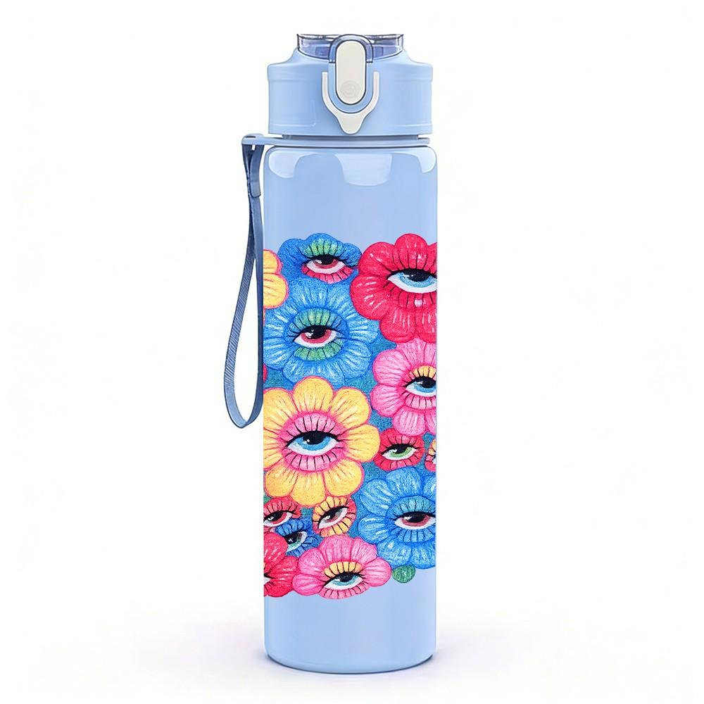 1PC Multicolor Round Flower Cluster Print 750ml Color Plastic Sports Water Bottle Leakproof Flip Straw Lid Suitable for Sports Office Home Use