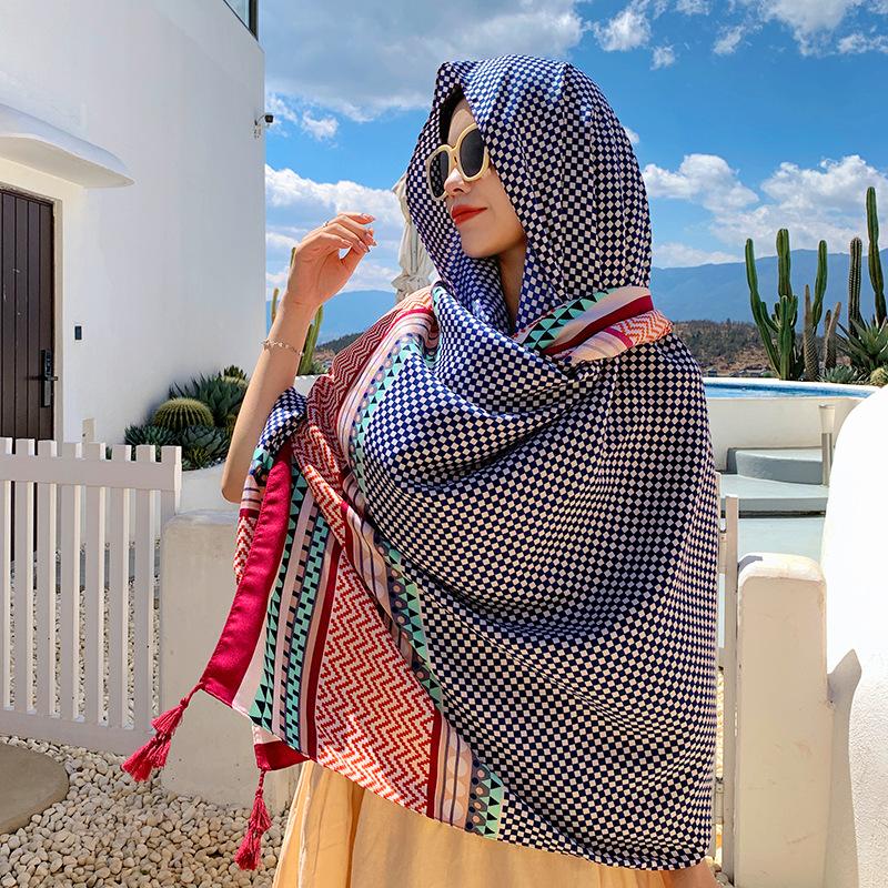 Summer Elegant Women Silk Scarf Beach Wrap Shawls Vintage Plaid Print Lady Sunscreen Bandana Long Hijab Mujer Boho Scarve Pareo