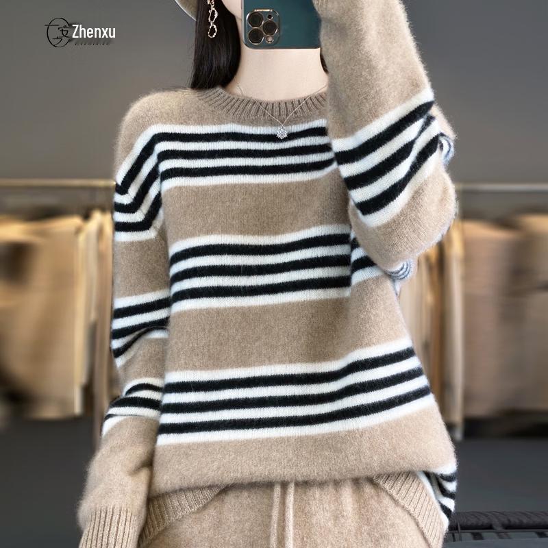 Women's 100% Wool Striped Round Neck Sweater