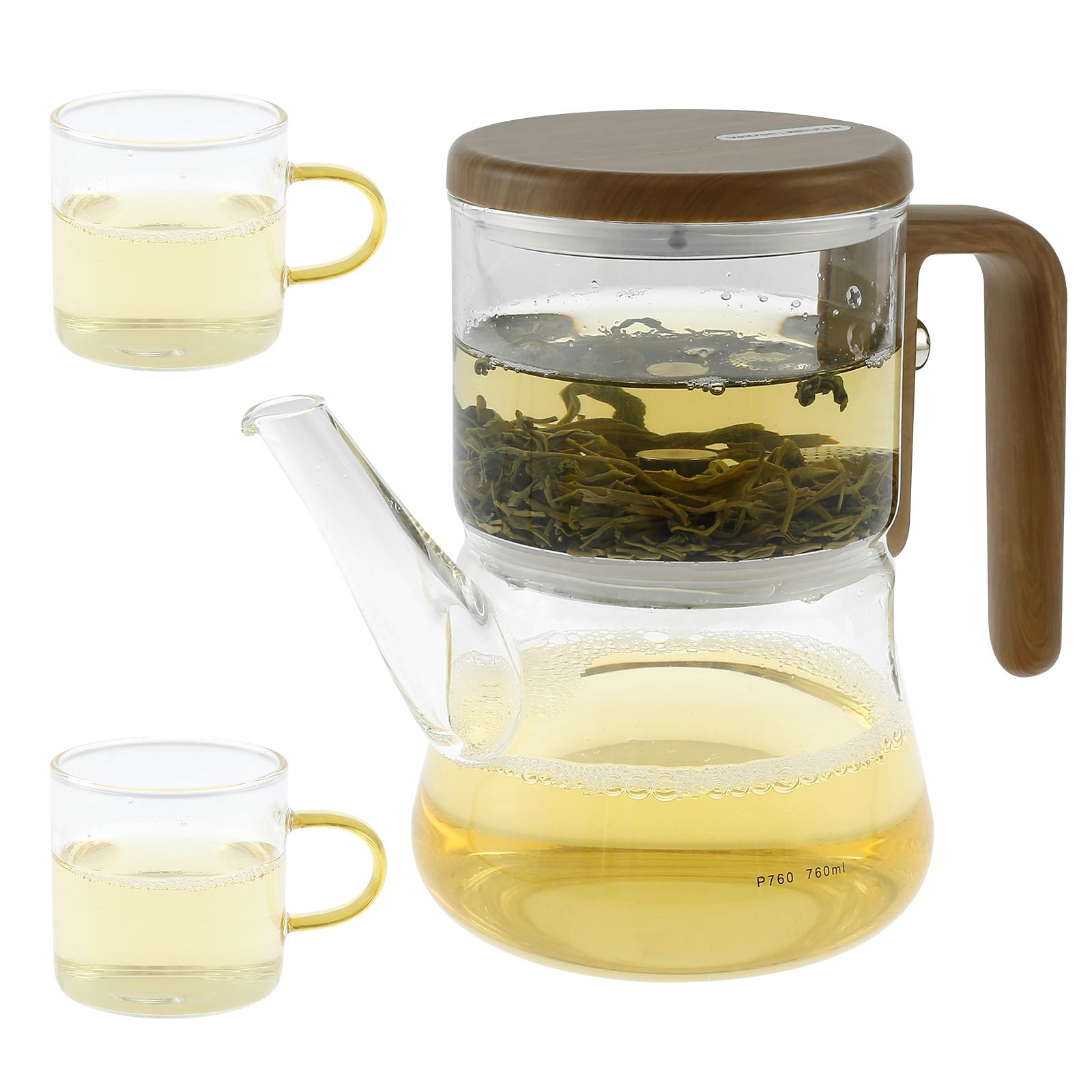 

Water Separation Glass Teapot High Borosilicate Glass Glass Teapot Leakproof Glass Tea Kettle with Wood Handle for Home Office