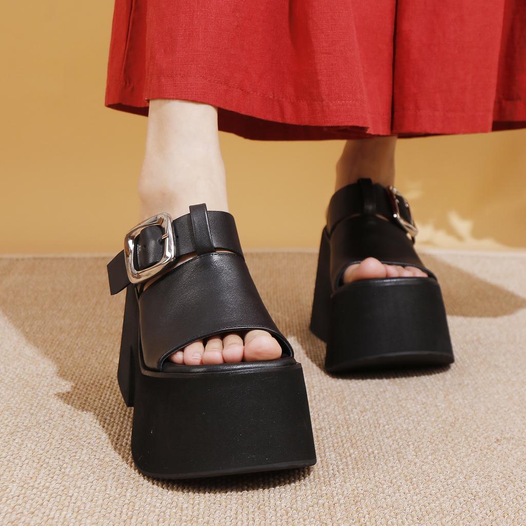 Mode GKTINOO 2025 Sommar Nya Äkta Läder Tjocksulade Höjdökande Tofflor Trendiga Damers Superhöga Klackar Sandaler