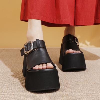 Genuine Leather Thick Soled Height Increasing Slippers Fashionable Women's Super High Heels Sandals