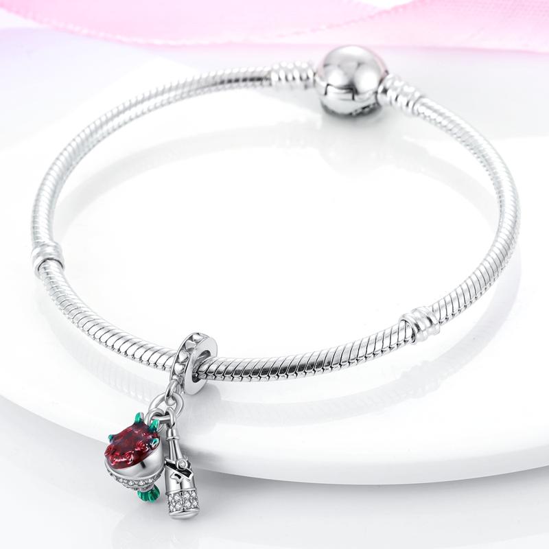 Red Rose Bouquet & Champagne Pendant Charms Fit Charm Bracelet Diy Festival Gift For Women Silver Color