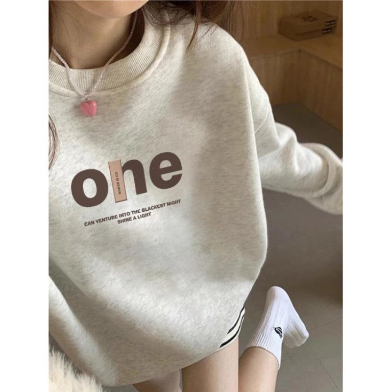 Women's Fleece-Lined Sweatshirt: Cartoon Cat, White & Gray, Long Sleeve, Round Neck, Autumn/Winter 2025 Style