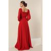 Square Neck Waist Belt Lined Chiffon Long Dress