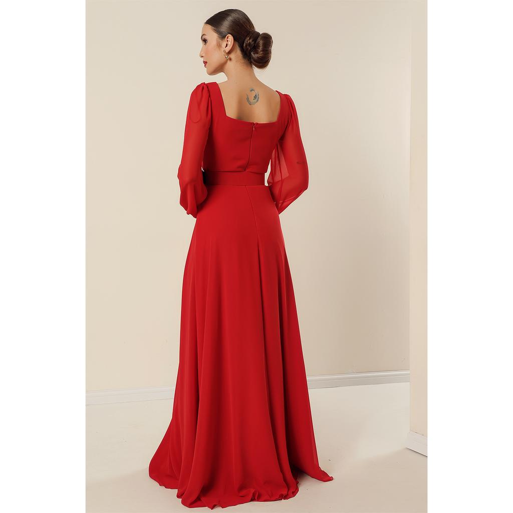Square Neck Waist Belt Lined Chiffon Long Dress