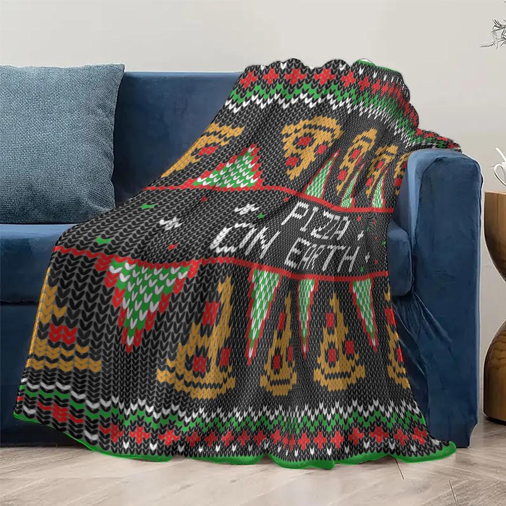 Pizza on Earth Christmas Throw Blanket, Funny Food Theme with Tree Design, Soft Knit Blanket for Holiday Gift and Sofa Decor