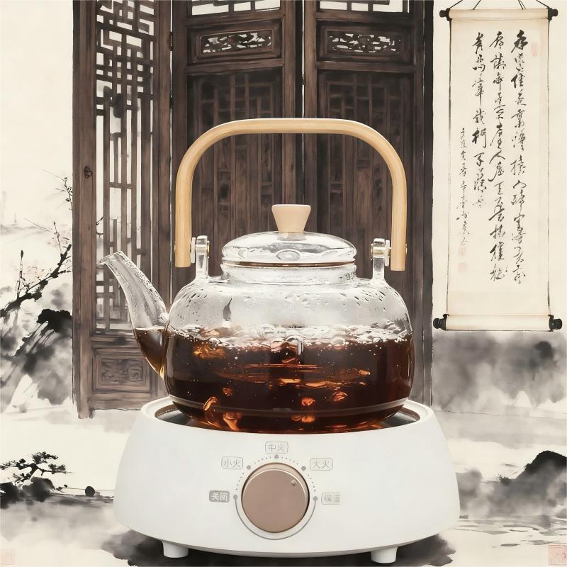 1000ml Glass Teapot Chinese Tea Ceremony Clear Teapot with Filter Wood Handle for Electric Ceramic Stove Home Office Tea Maker