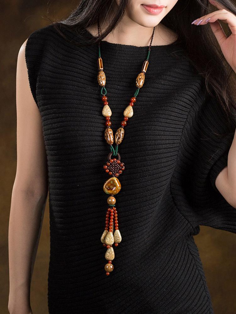 GEMCHIC Women s Vintage Chinese Knot Ceramic Beaded Long Sweater Necklace Ethnic Handmade Tassel Pendant Jewelry for Autumn Winter