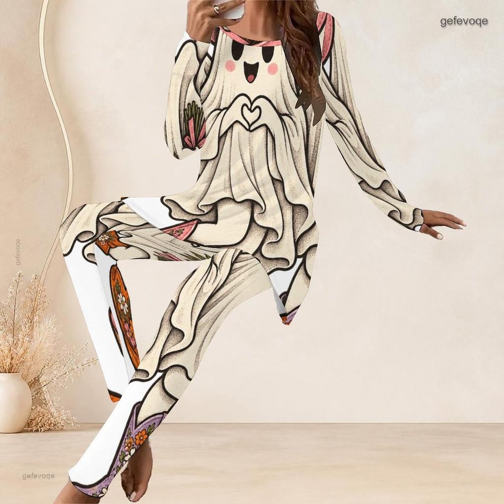 Women Plus Size Round Neck Long Sleeve Printed Cartoon Bear Pumpkin Two Piece Pants Set