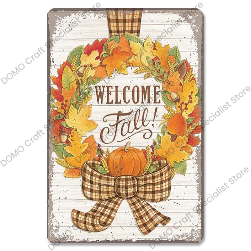 Welcome Poster Metal Plate Vintage Pumpkin Sunflower Bird Metal Tin Signs Wall Decor Garden Door Cafe Party