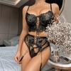 GZW Embroidered Flower Sheer Mesh Lingerie Set Women's Lace Breathable Gathered Underwire Big Bow Bra and Garter Panties Erotic Underwear