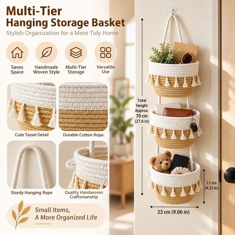 Cotton Rope Wall Hanging Basket Tiered Structure Woven Hanging Organizer Key Organization
