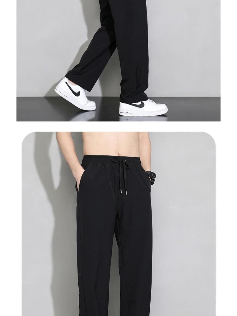 Pantaloni Casual Sottili in Seta Ghiacciata da Uomo - Vestibilità Slim, Stile Coreano, Leggeri, Pantaloni Sportivi Dritti Larghi per Primavera, Estate e Autunno.