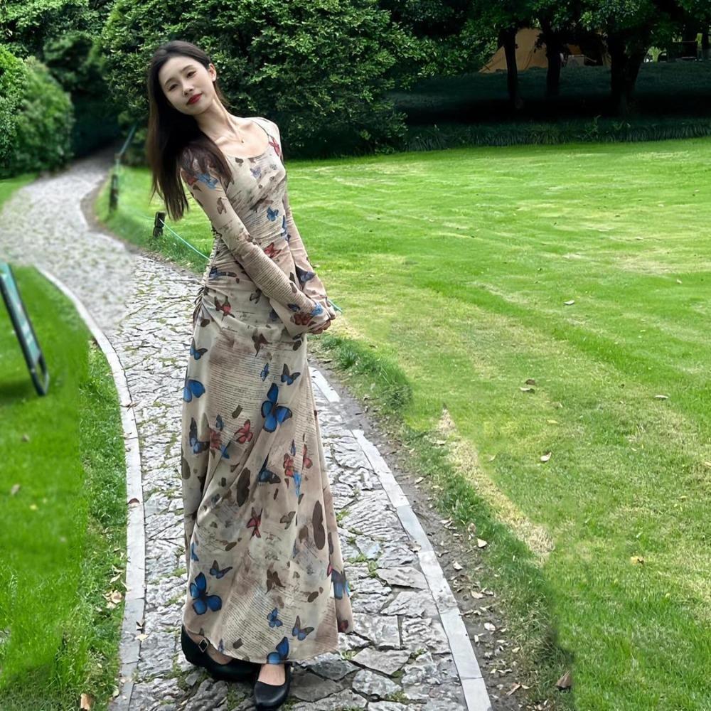 Women Square Neck Long Sleeve Maxi Dress Vintage Butterfly Print Ruched Bodycon Mesh Long Dress