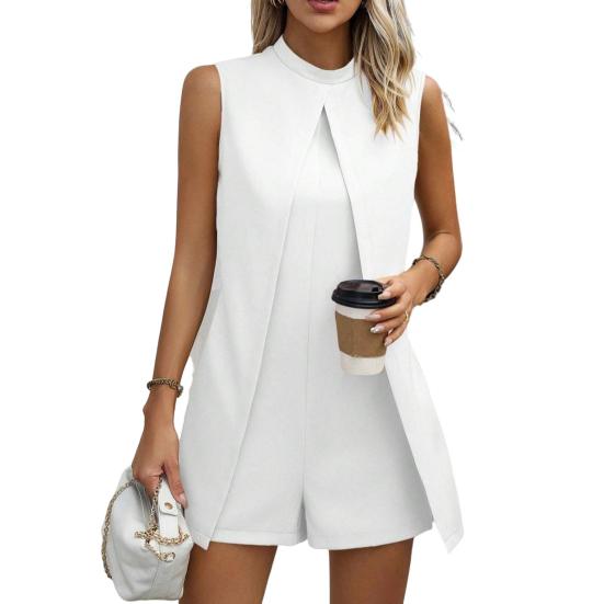 Lady Summer Romper Stand Collar Sleeveless Loose Split Irregular Solid Color OL Commute Formal Business Style Short Romper