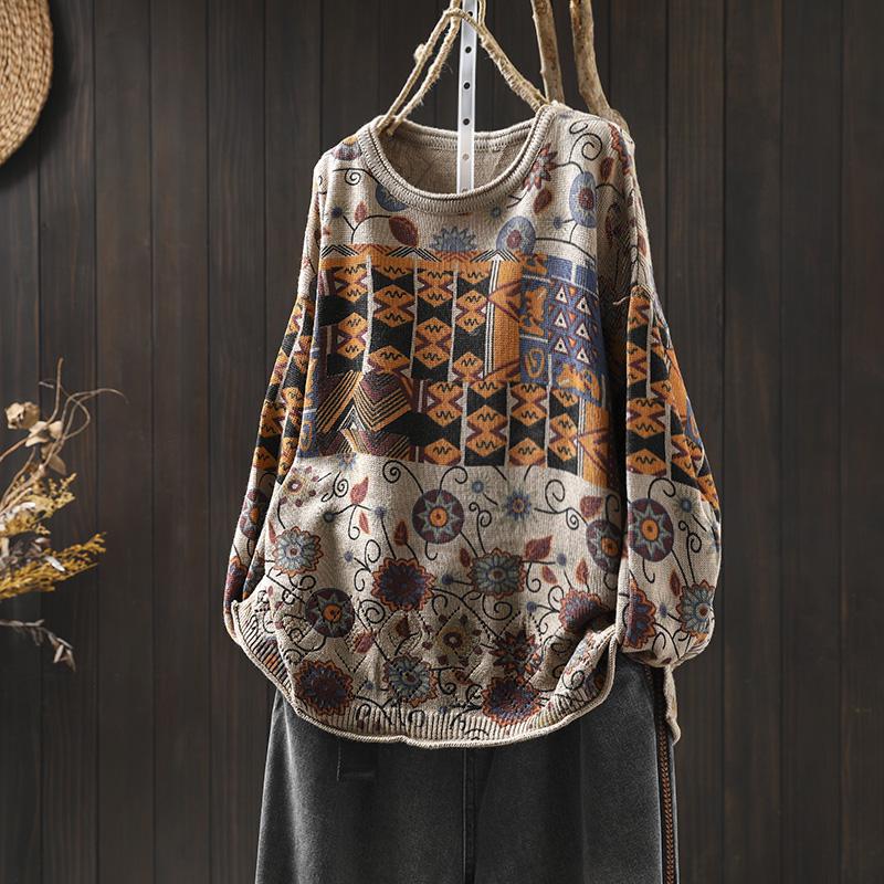 Women's Retro Floral Cotton Knit Sweater: Loose, Large, Round Neck, Pilling-Resistant Pullover for Spring & Autumn