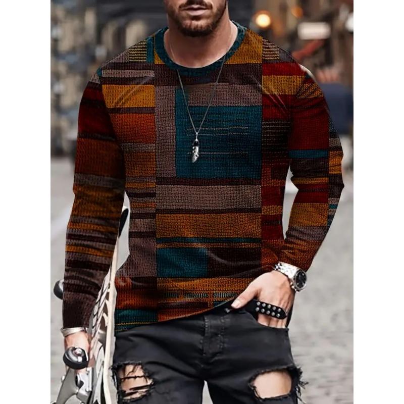 Trendy Retro Contrast Color Fabric Series 3D Printing Summer Round Neck Casual long-sleeved T-shirt Fashionable men's Clothing