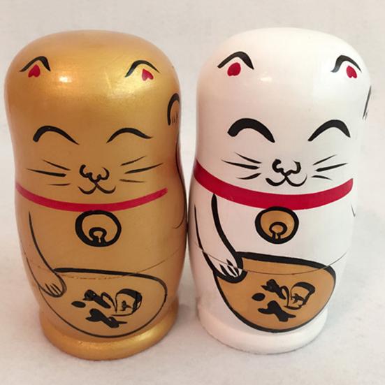 5Pcs/Set Nesting Dolls Hand-painted Home Decoration Wood Lucky Cat Matryoshka Gift for Shop