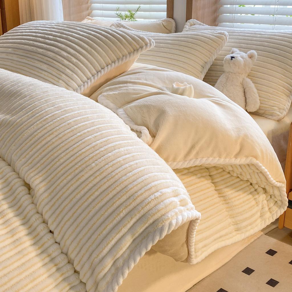 Jacquard Hemming Thickened Milk Fleece Four-Piece Set Double-Sided Fleece Quilt Cover Dormitory Three-Piece Set Bedding