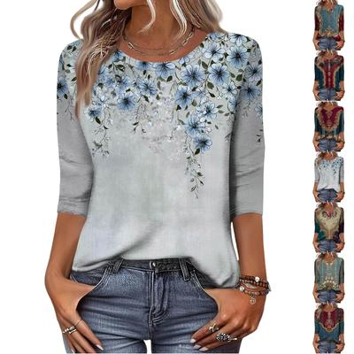 Módní vintage top s 3/4 rukávem pro ženy, dámská ležérní halenka s tříčtvrtečním rukávem a kulatým výstřihem s potiskem