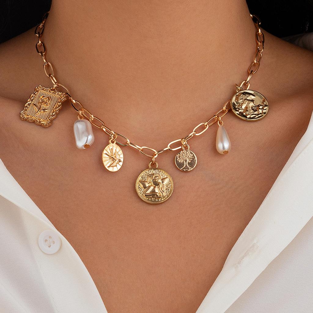 IngeSight.Z Luxury Retro Angel Rose Relief Pendant Choker Necklace Woman Temperament Gold Color Collarbone Female Party Jewelry