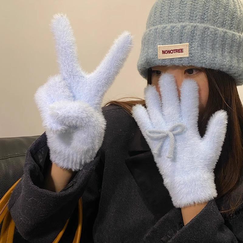 Cute Sweet Bow Plush Gloves Cold-Proof Gloves Student Winter Warm Five-Finger Gloves Women Fashion Accessories Christmas Gifts