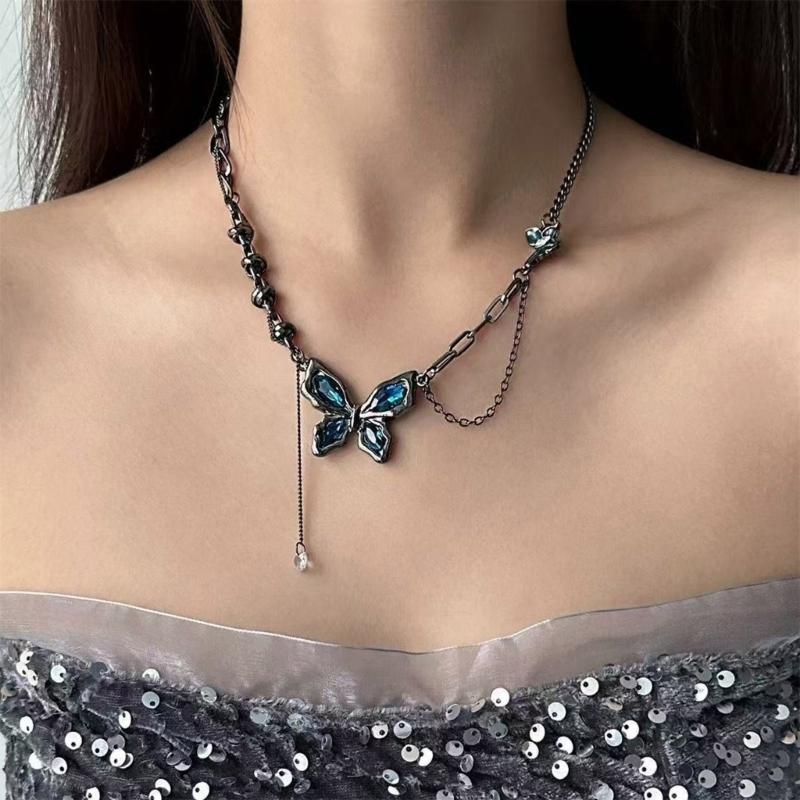 Edgy Blue Butterfly Layering Chain Necklace Artisanal Crafted Punk Accessory Daily Wear Special Occasions