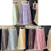 Pure Color Mesh Panel Long Skirt With Pleats For Casual Womens Fashion