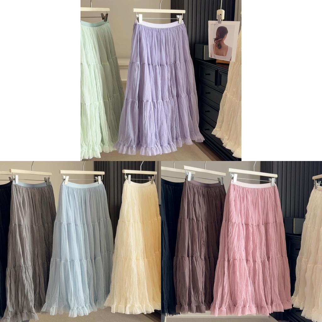 Pure Color Mesh Panel Long Skirt With Pleats For Casual Womens Fashion