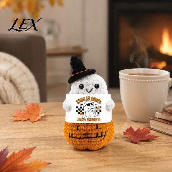 Adorable Holiday Party Favor Hand Knitted Halloween Ghost Ornament, Crochet Plush Doll with Tactile Comfort Sensory Toy Encouragement Card,