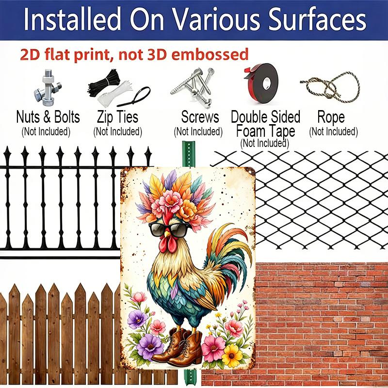 2D Flat - Cool Rooster with Sunglasses & Flowers Metal Sign - Funny Farmhouse Decor Durable Aluminum Material 8*12 Inches Farmhouse Kitchen Wall