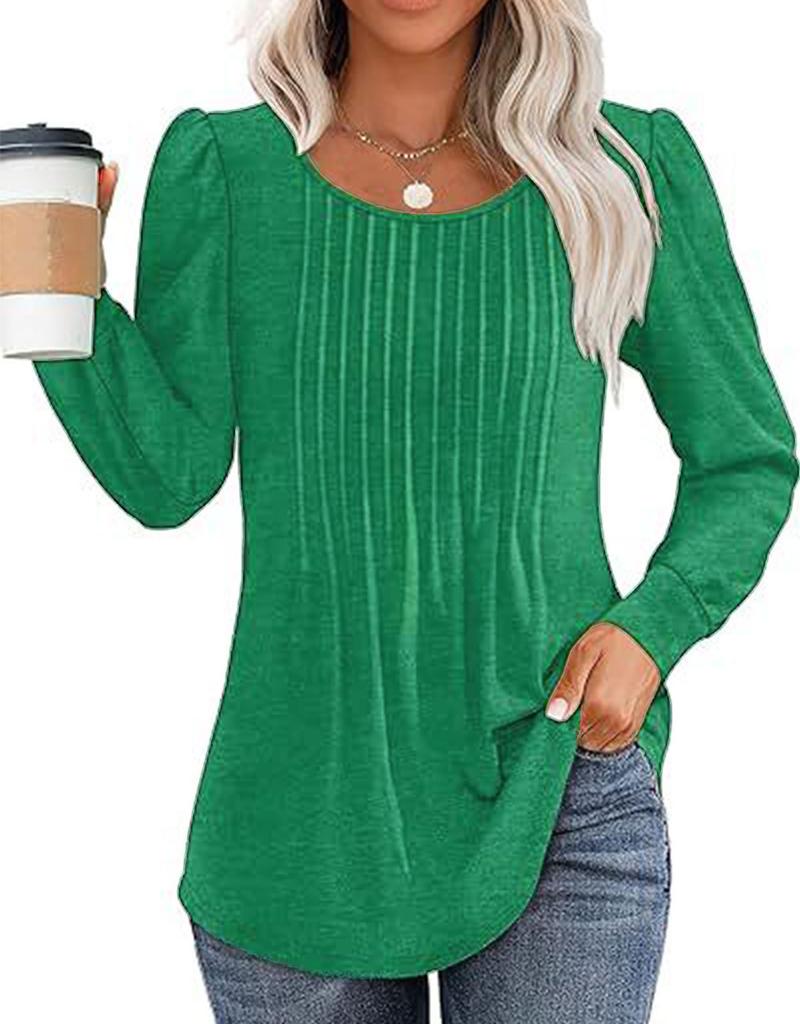 Women Long Sleeve Ribbed Knit Top Crew Neck Puff Shoulder Casual Loose Fall Blouse Shirt