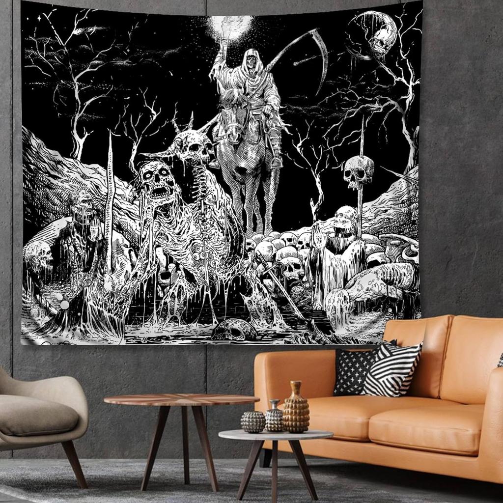 Black  White Gothic Skull Tapestry  Flat Printed Dark Ghost Rider Night Sky Moon Wall Hanging for Bedroom  Living Room Horror
