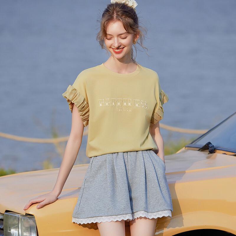 Women s Drop Shoulder Pleated Letter Embroidered T-Shirt S