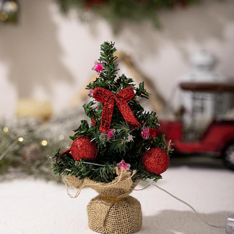 Small Christmas Tree With Lights 3 Pieces Artificial Plant With Burlap Base Little Christmas Tree For Bookshelf Birthday Party
