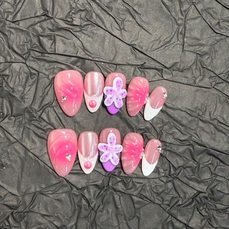 Handmade Press-On Nails With 3D Floral Carving Ombre Effect Almond Shape Removable Women Small