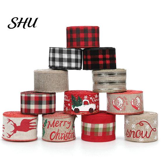 Christmas Bowknot Making Ribbon 1 Roll 2Mx5CM Red Black White Plaid Santa Car Wired Gift Decorative Packing DIY Craft Xmas Tree Decoration Wreath
