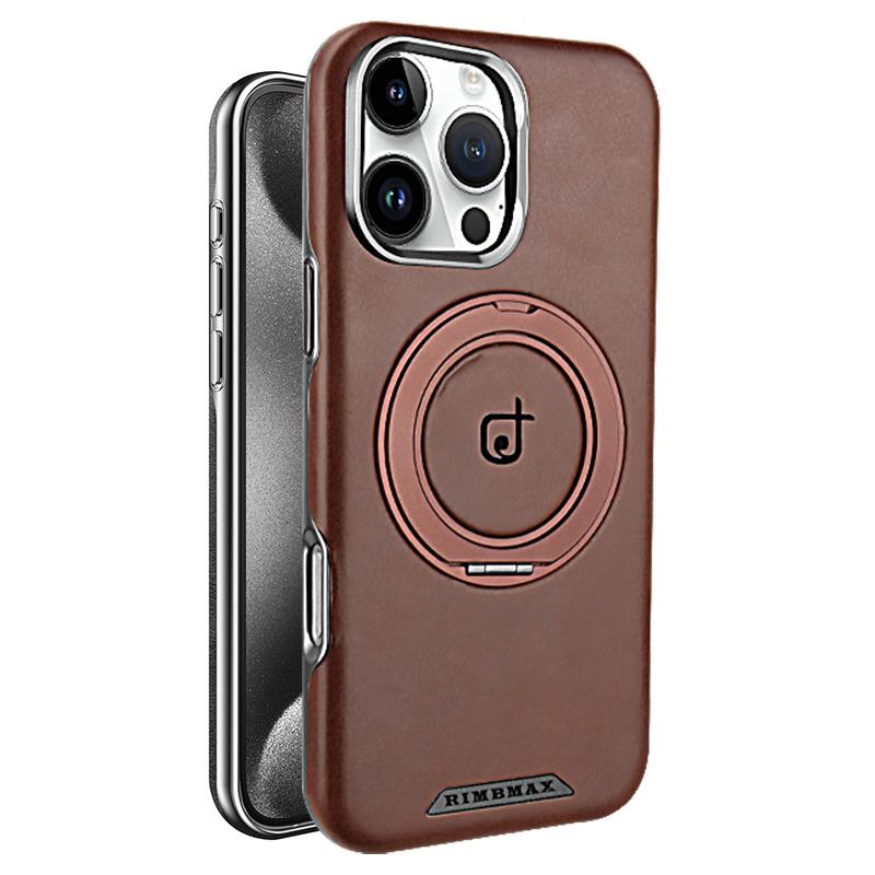 

Magnetic Stand Rotating Bracket Leather Case for iPhone 16 Pro Max 15 Plus 14 13 12 Pro Plating Bumper Lens Protective Cover iPhone 15 Pro Max темно-коричневого кольору
