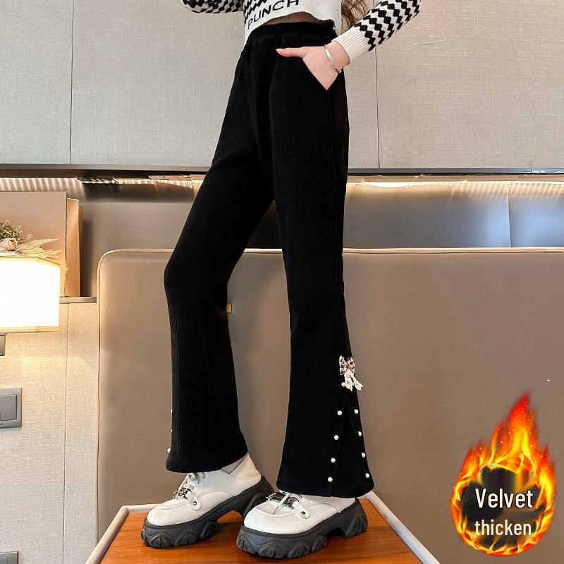 

2025 Girls Velvet Flare Trousers - Spring/Autumn Style, Casual One-Piece Long Pants for Older Children 140