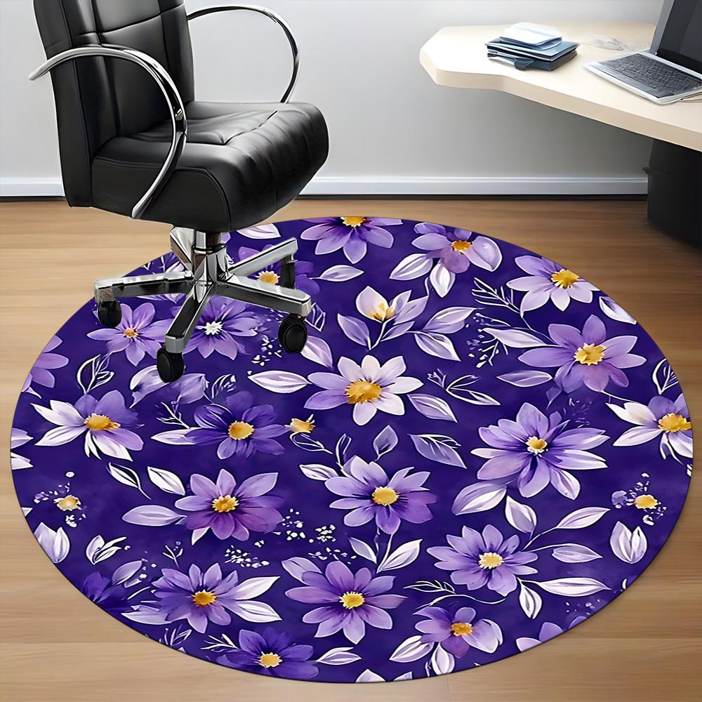 1pc Purple Floral Print Chair Carpet for Office, Round Non Slip Durable Large Size Office Carpet, Suitable for Office