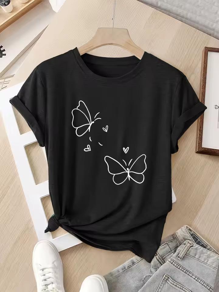 2026 Women Butterfly Print Round Neck Short Sleeve Summer Top with Fabric for Daily Wear Outfits Casual Basic Aesthetic Clothes