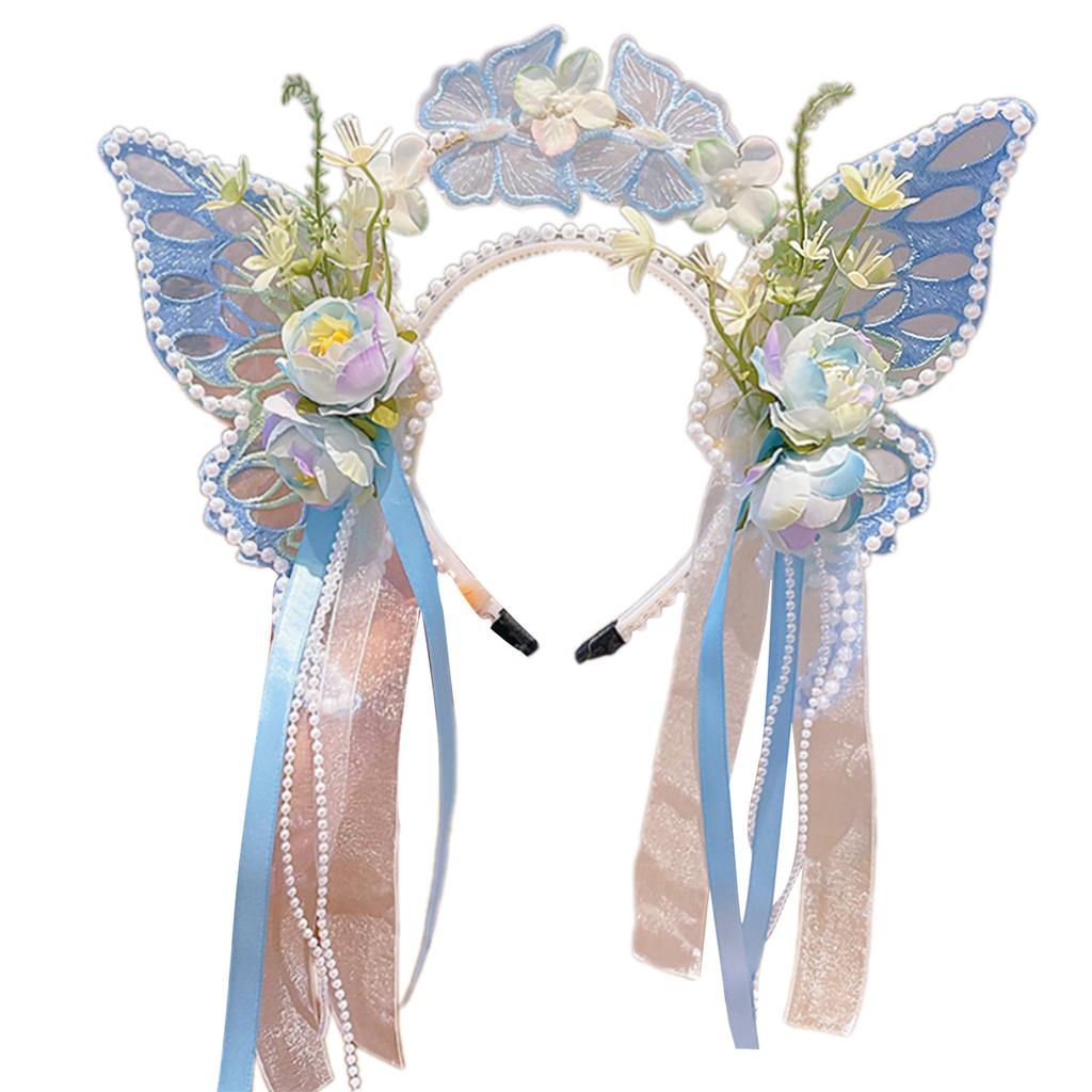 Princess Butterfly Ribbon Pearls Headband for Pageant Prom Headwear Elegant Hairband Girl Headpiece Photo Props