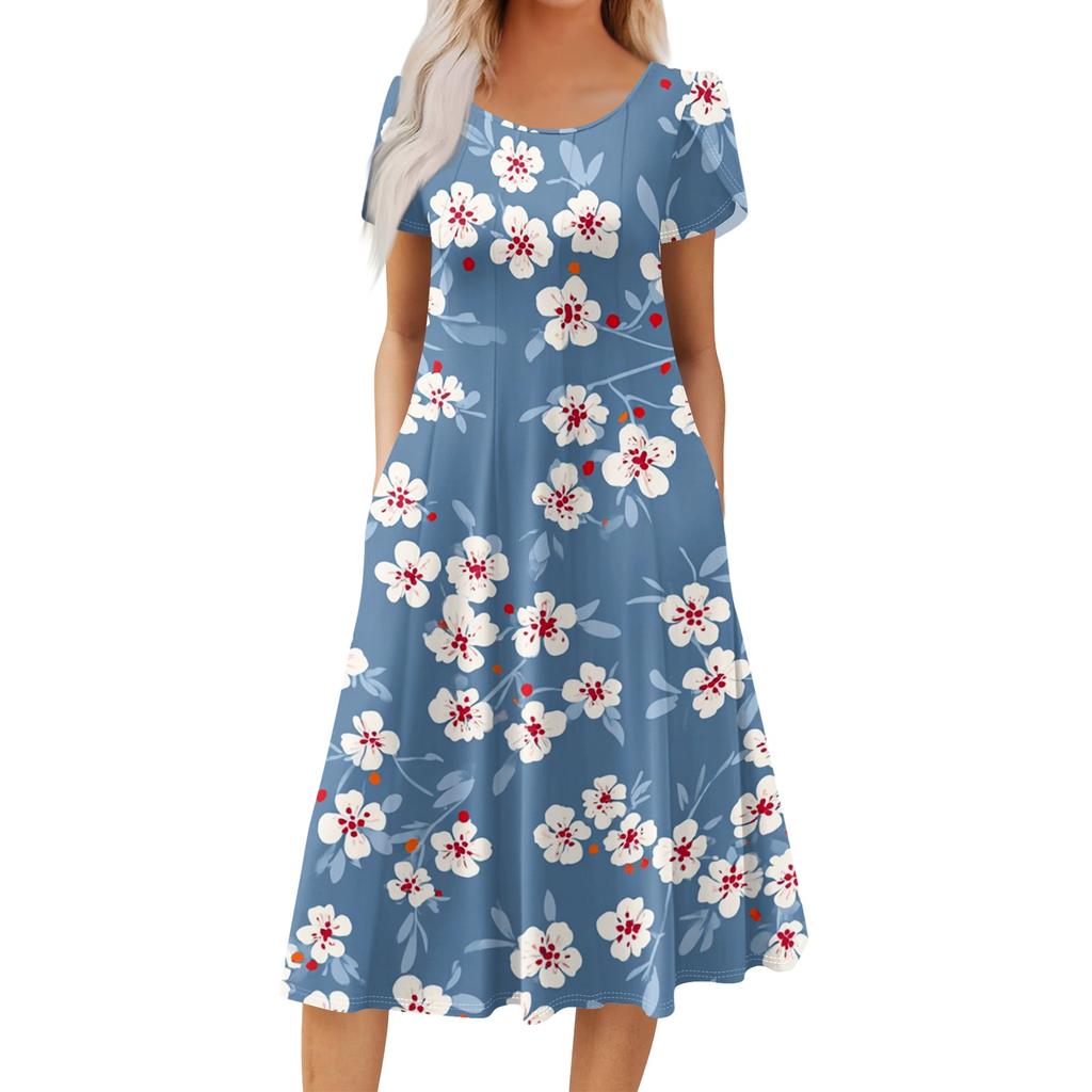 Women's Casual Fashion Round Neck Printed Short Sleeve Pocket Dress