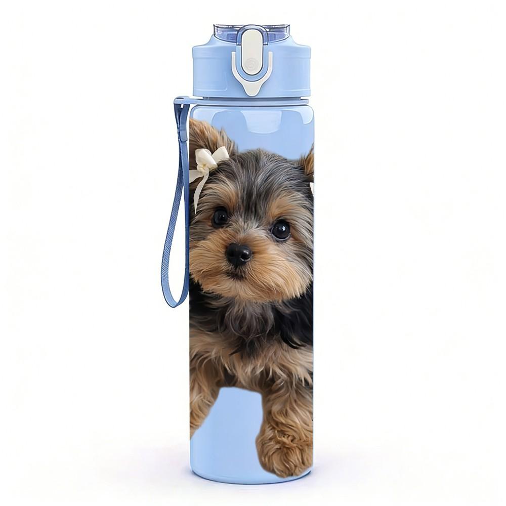 1PC Fluffy Faced Yorkie Puppy 750ml Color Plastic Sports Water Bottle Leakproof Flip Straw Lid Suitable for Sports Office Home Use