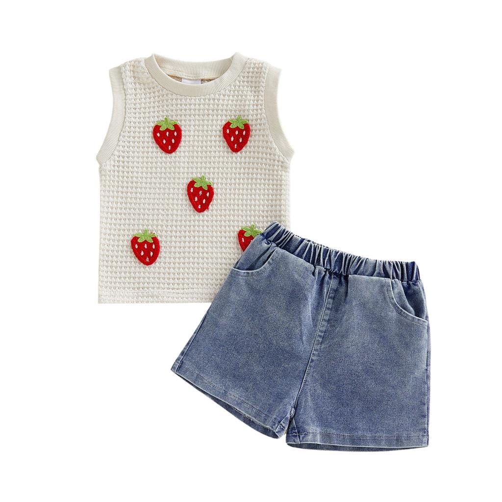 Toddler Baby Girl Summer Outfit 3D Strawberry Tank Tops and Denim Shorts 2 Piece Set