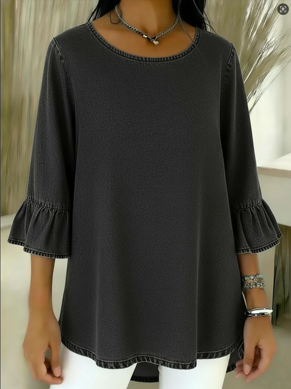 2026 European Spring/Summer Women s Casual Round Neck Three-Quarter Sleeve Ruffle Top Extra Large